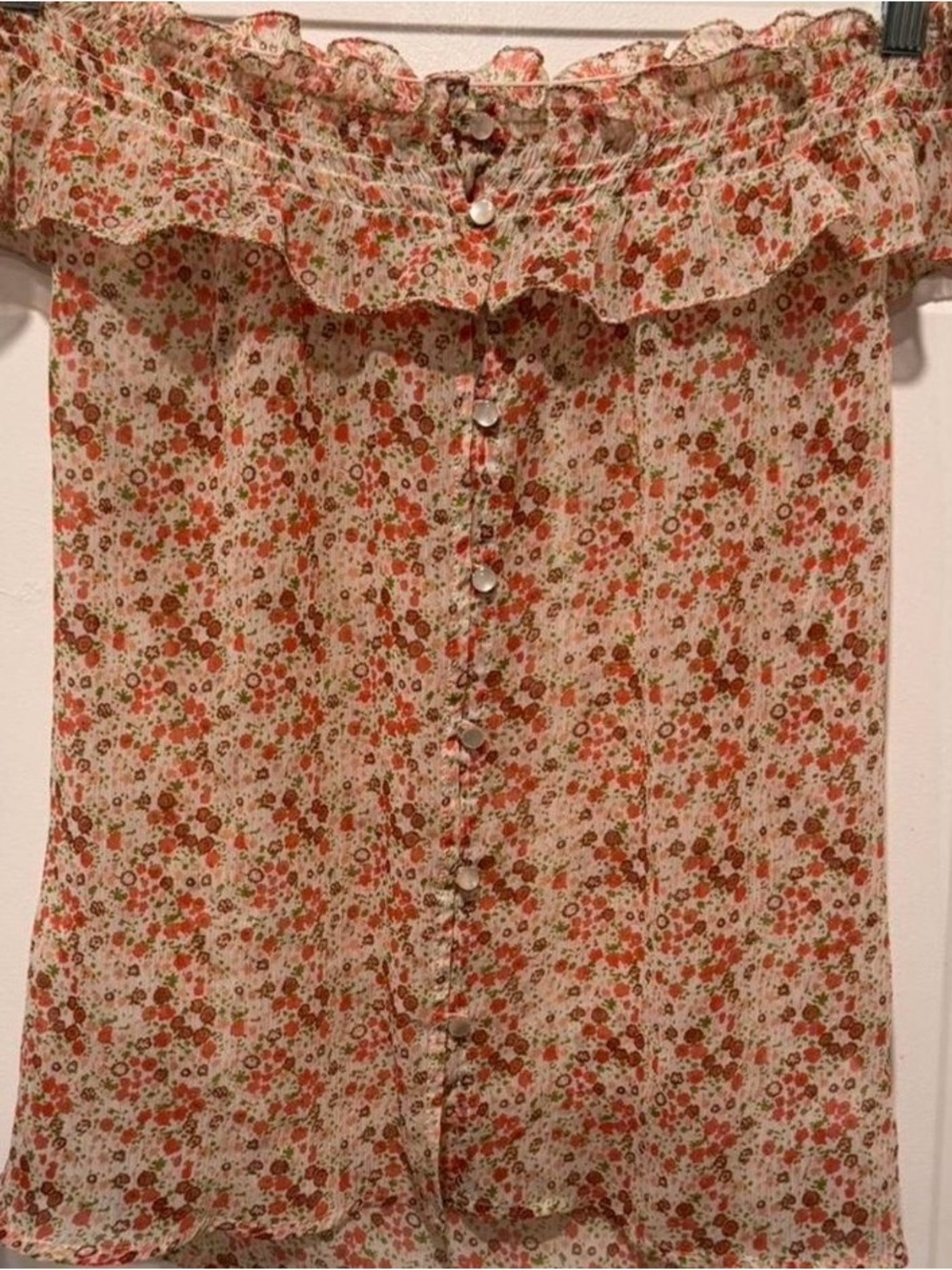 Sheer Floral Off-Shoulder Button-Front top